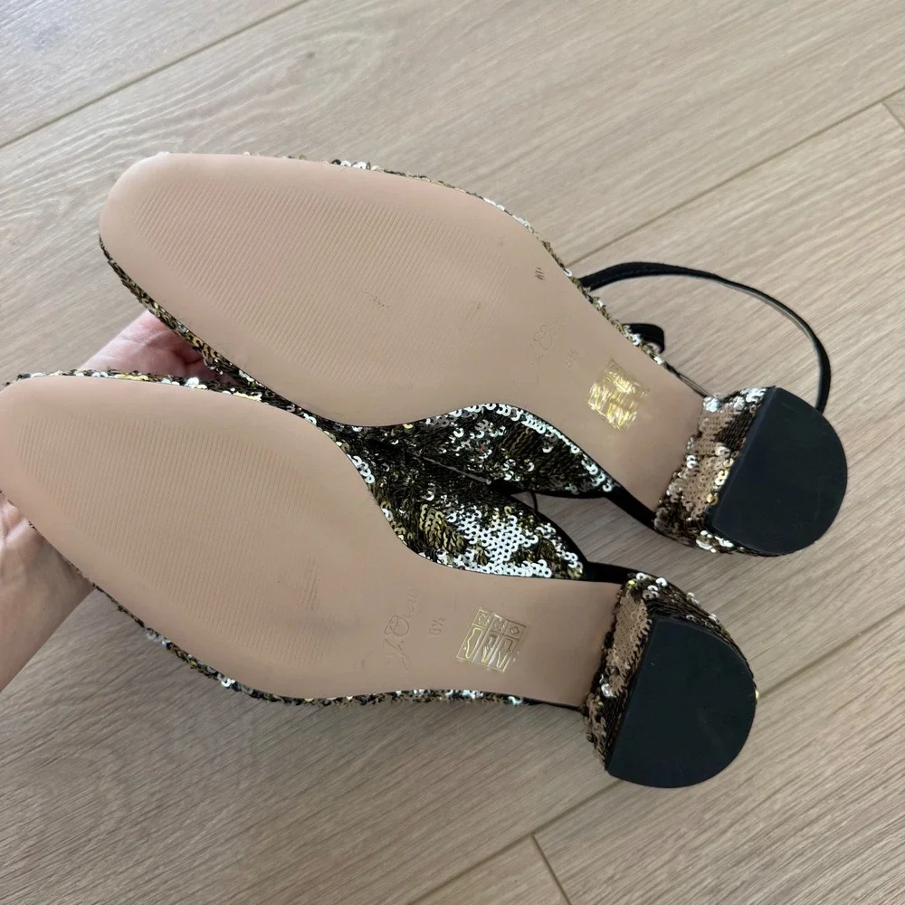 J.Crew Sequin Ankle Strap Pumps Gold Silver Block Heel 8.5 H2647